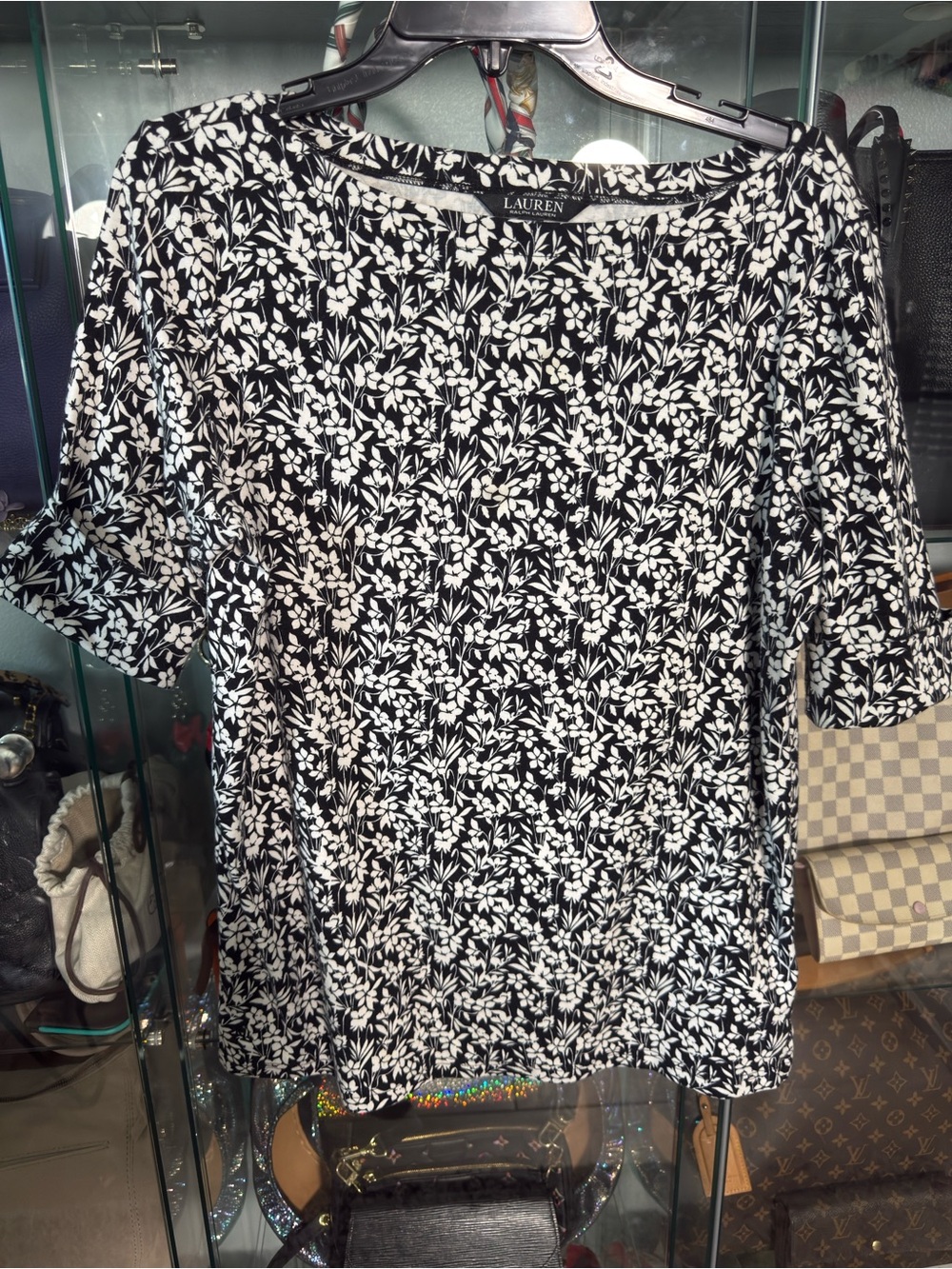 Ralph Lauren Black and White Floral Scoop-Neck Tunic